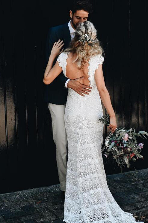 Boho Mermaid Lace Beach Wedding Dresses Cap Sleeve Bohemian Bridal Gown