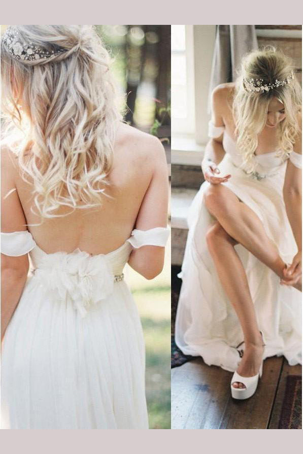 Ivory Off the Shoulder Beach Wedding Dresses with Beading Waist