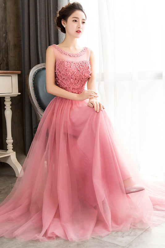 Pink Sleeveless Prom Dress with Flowers, A Line Floor Length Tulle Evening Dress N1775