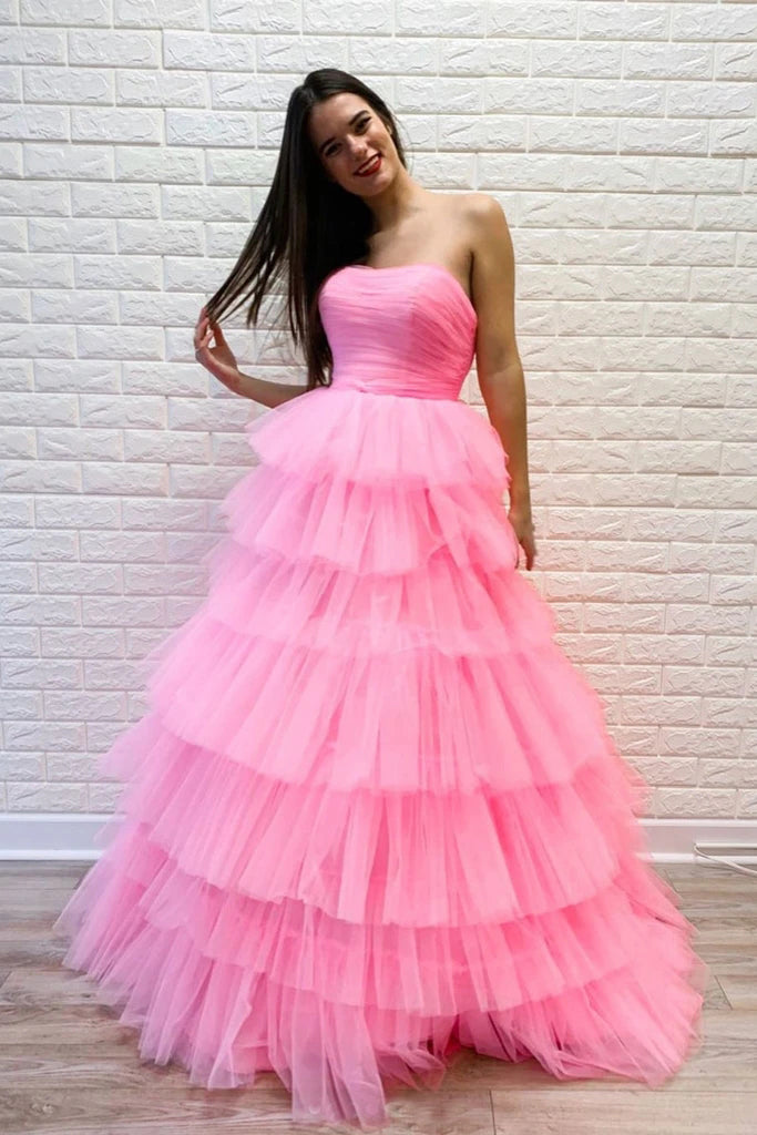Strapless Layers Prom Dresses with Lace Up Back Floor Length Evening Dresses N2602