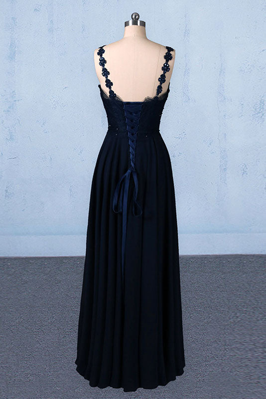 Dark Navy Blue Straps Floor Length Evening Dresses Long Chiffon Prom Dresses with Lace N2292