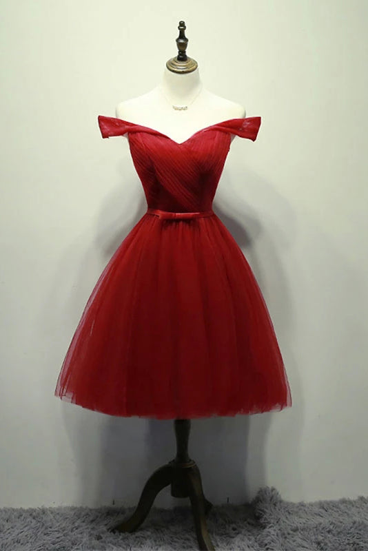 Red Off the Shoulder Tulle Homecoming Dress, A Line Tulle Graduation Dresses N2130