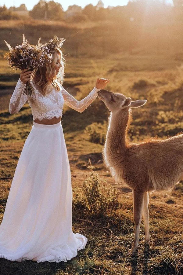Two Pieces Long Sleeves Lace Beach Wedding Dresses N2362