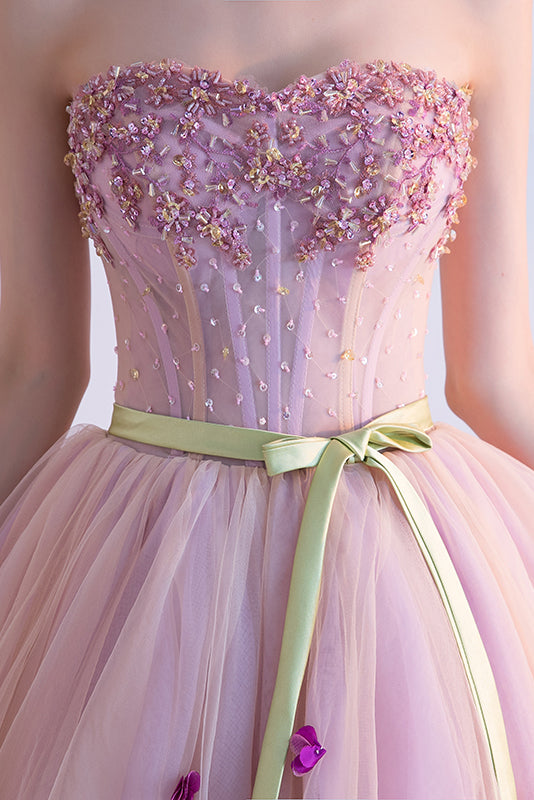 Pink Sweetheart Tulle Beaded Homecoming Dresses with Ribbon N1728
