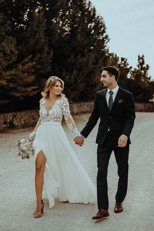 Floor Length Long Sleeves Sheer Neck Split Appliques Chiffon Beach Wedding Dresses N2491