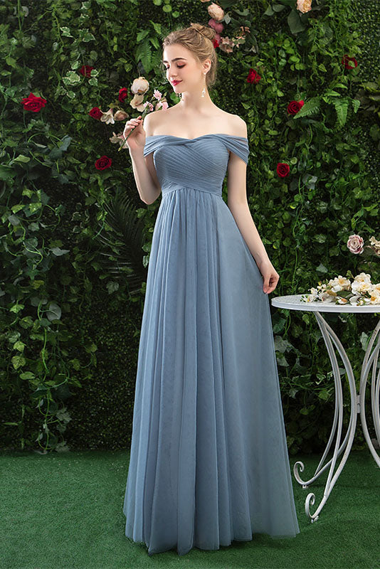 Floor Length Dusty Blue Tulle Bridesmaid Dresses Off The Shoulder