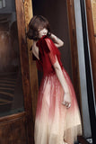 Red V-Neck Short Sleeves Tulle Sparkly Prom Dresses Homecoming Dresses N2660