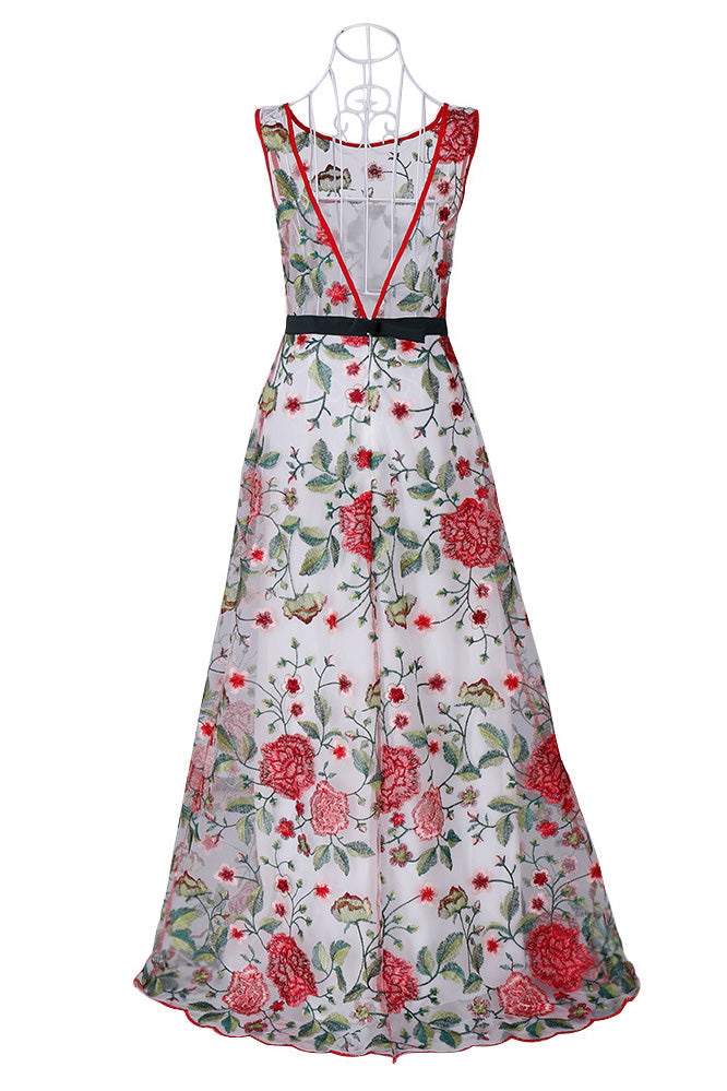 A Line Sleeveless Embroidery Long Evening Dress with Red Flowers N1408