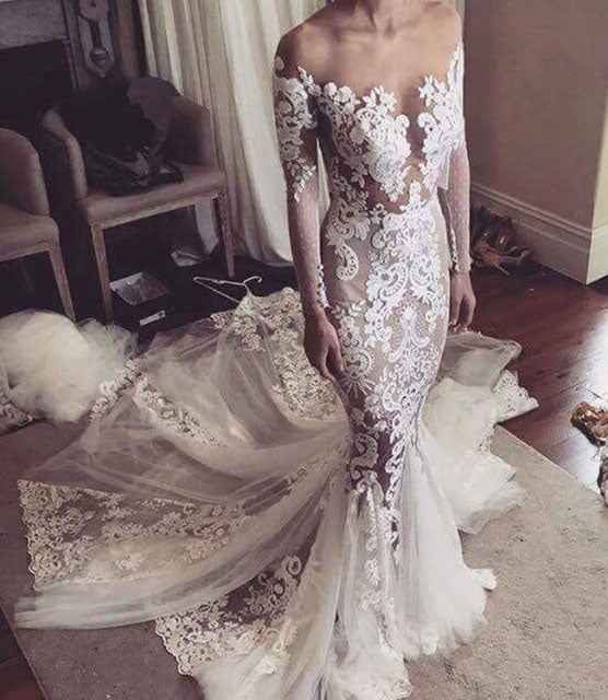 Mermaid Lace Appliques Long Sleeves Sheer Tulle Wedding Dresses