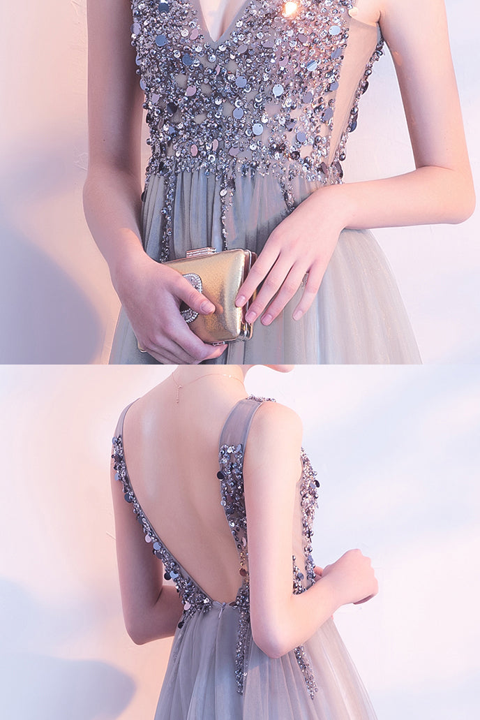 Burgundy V Neck Tulle Prom Dresses with Sequins and Rhinestone N1417