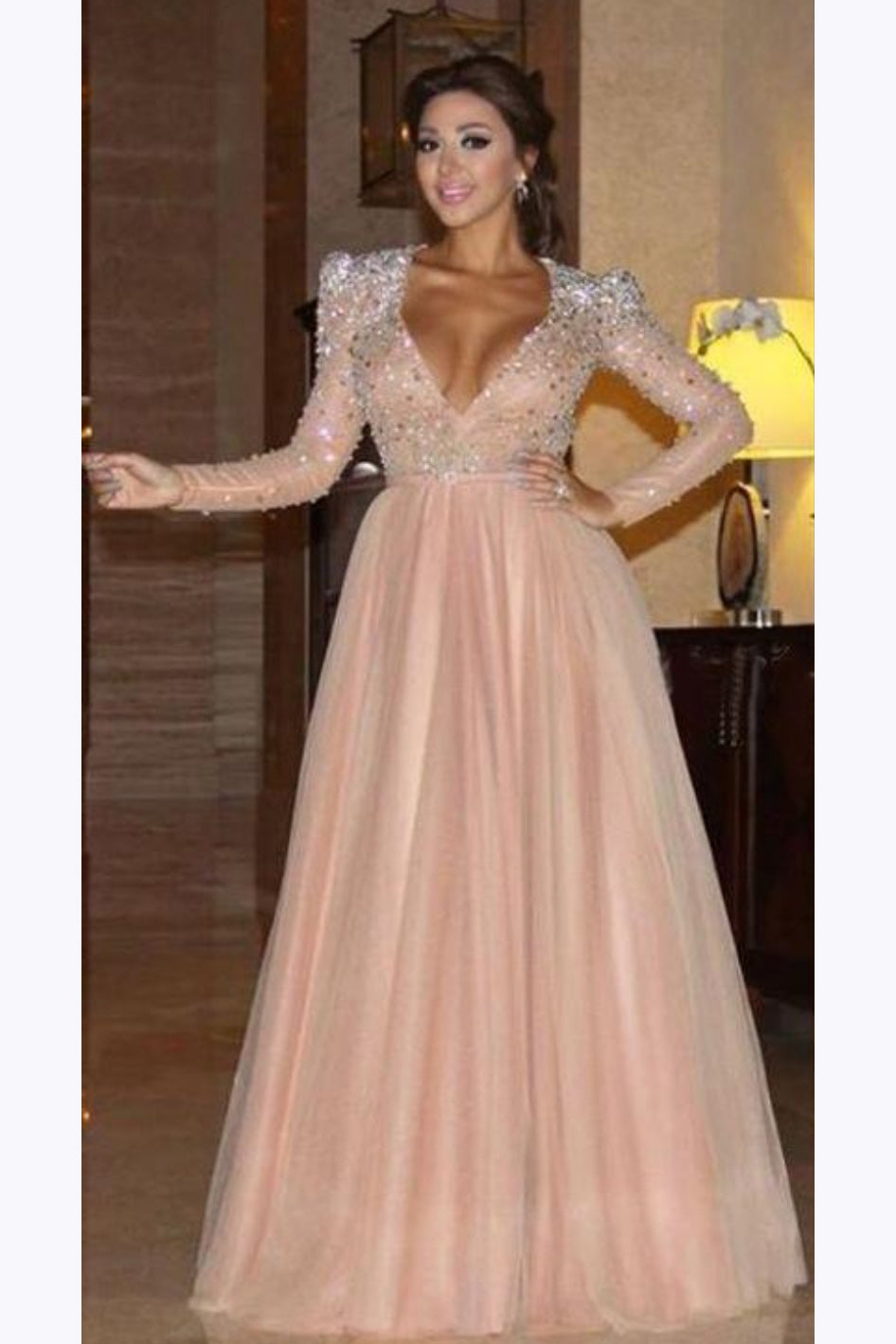 Elegant Long Sleeve Formal Dress with Beads, A Line Sparkle V Neck Evening Dresses