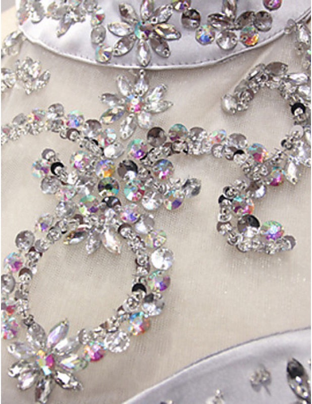 Silver A Line Jewel Sleeveless Organza Prom Dresses with Sequins Crystals N861