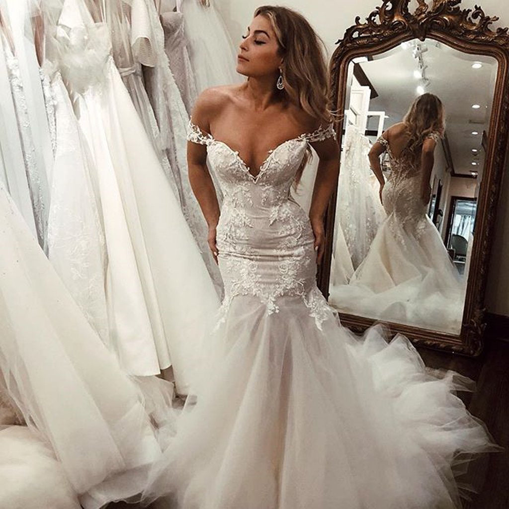 Off the Shoulder Lace Mermaid Wedding Dresses With Long Train