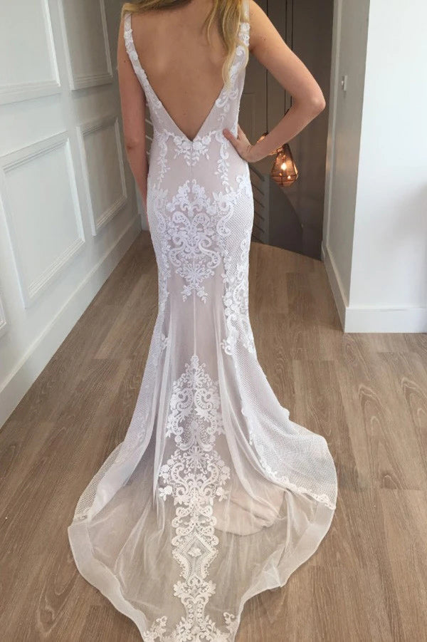 Sexy Mermaid Lace Beach Wedding Dresses Boho Backless Long Wedding Gown N2595