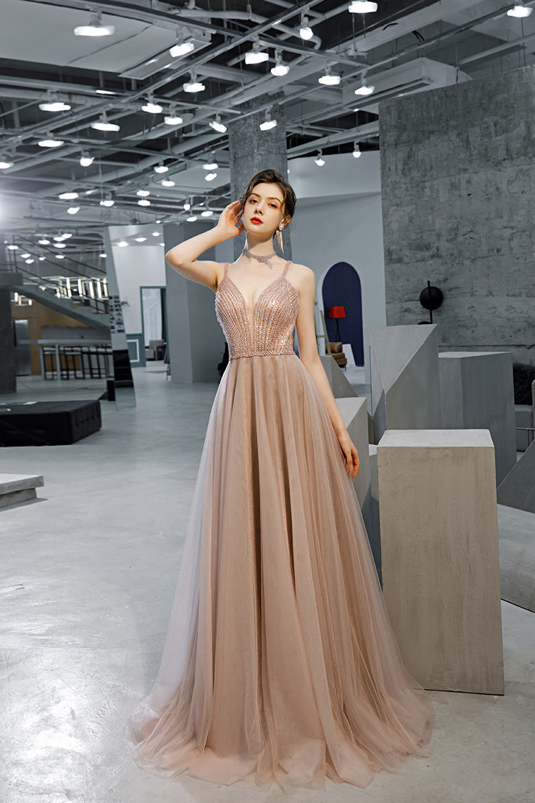 A Line Spaghetti Straps Sequins Open Back Long Prom Dresses