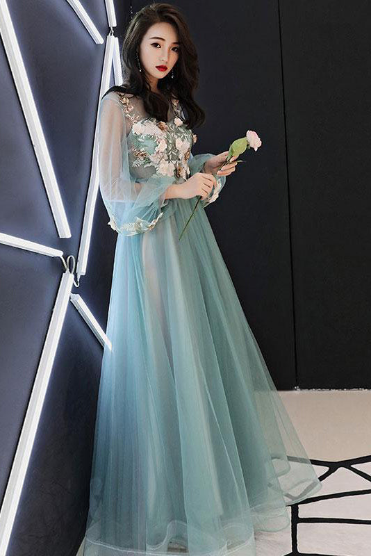 Charming A Line Long Sleeves Tulle Prom Dresses with Flowers N1758