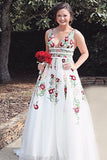A Line V-Neck Sleeveless Floral Appliques Lace Prom Dresses