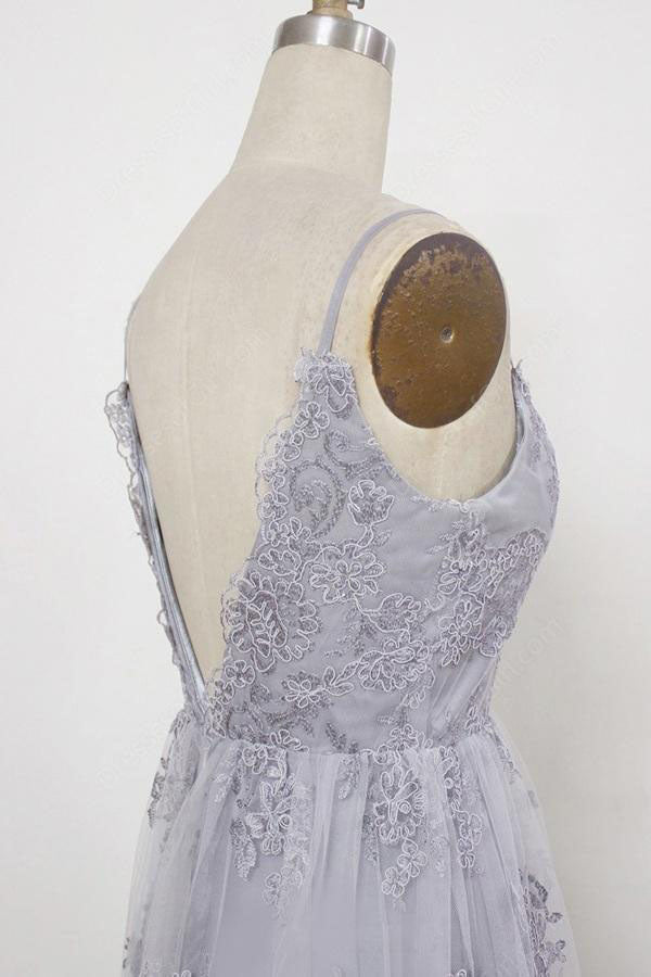 Spaghetti Straps Long Lace Prom Gown A Line V-Neck Sleeveless Formal Dresses N1701