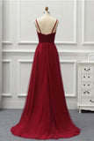 A-Line Burgundy V-Neck High Low Tulle Prom Dresses with Train N1692