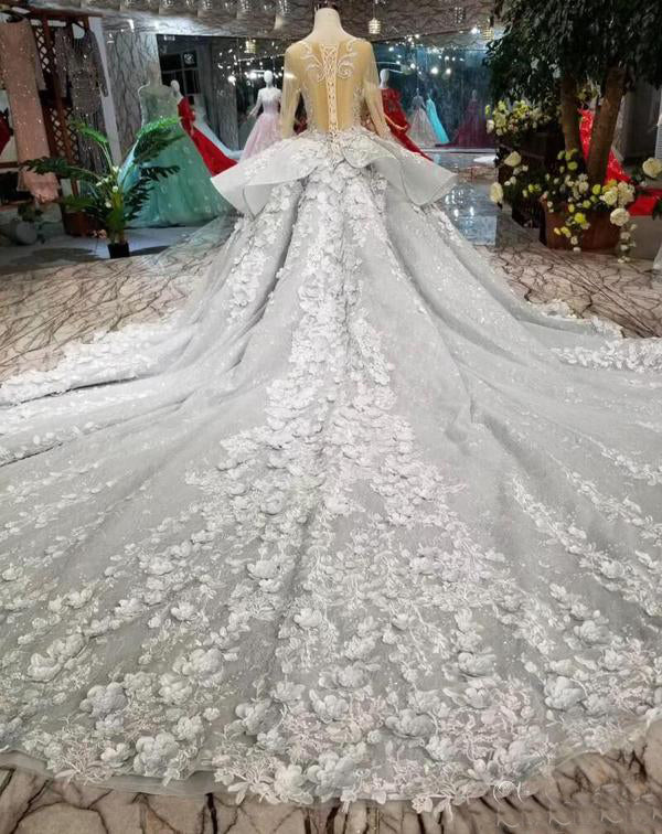 Gorgeous Long Sleeves Beaded Quinceanera Big Wedding Dresses with Flowers