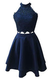 Two Piece Navy Blue High Neck Homecoming Dresses with Lace A Line Satin Graduation Dresses N1853