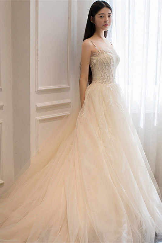 Ivory Spaghetti Straps Appliques A Line Court Train Tulle Beach Wedding Dresses N1226