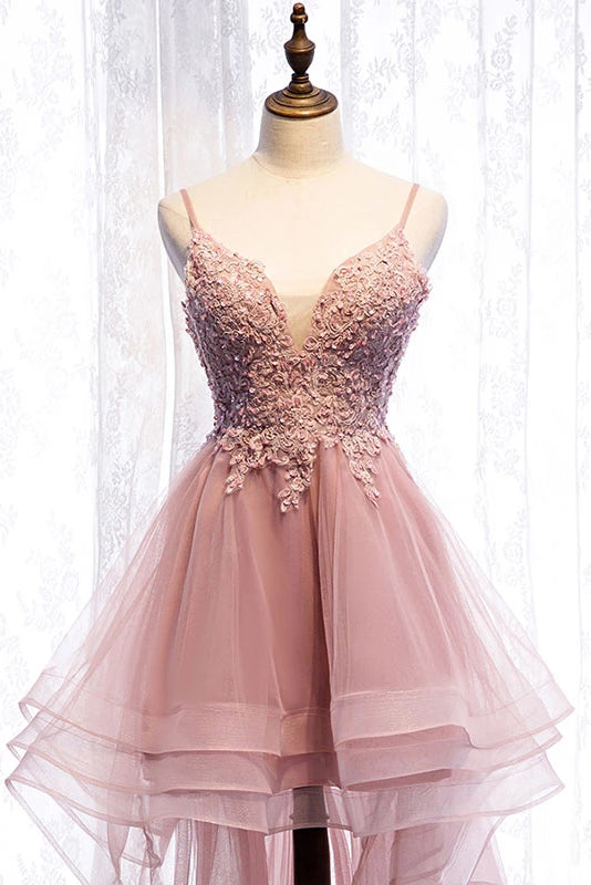 Spaghetti Straps Tulle High Low Homecoming Dresses with Appliques N2142