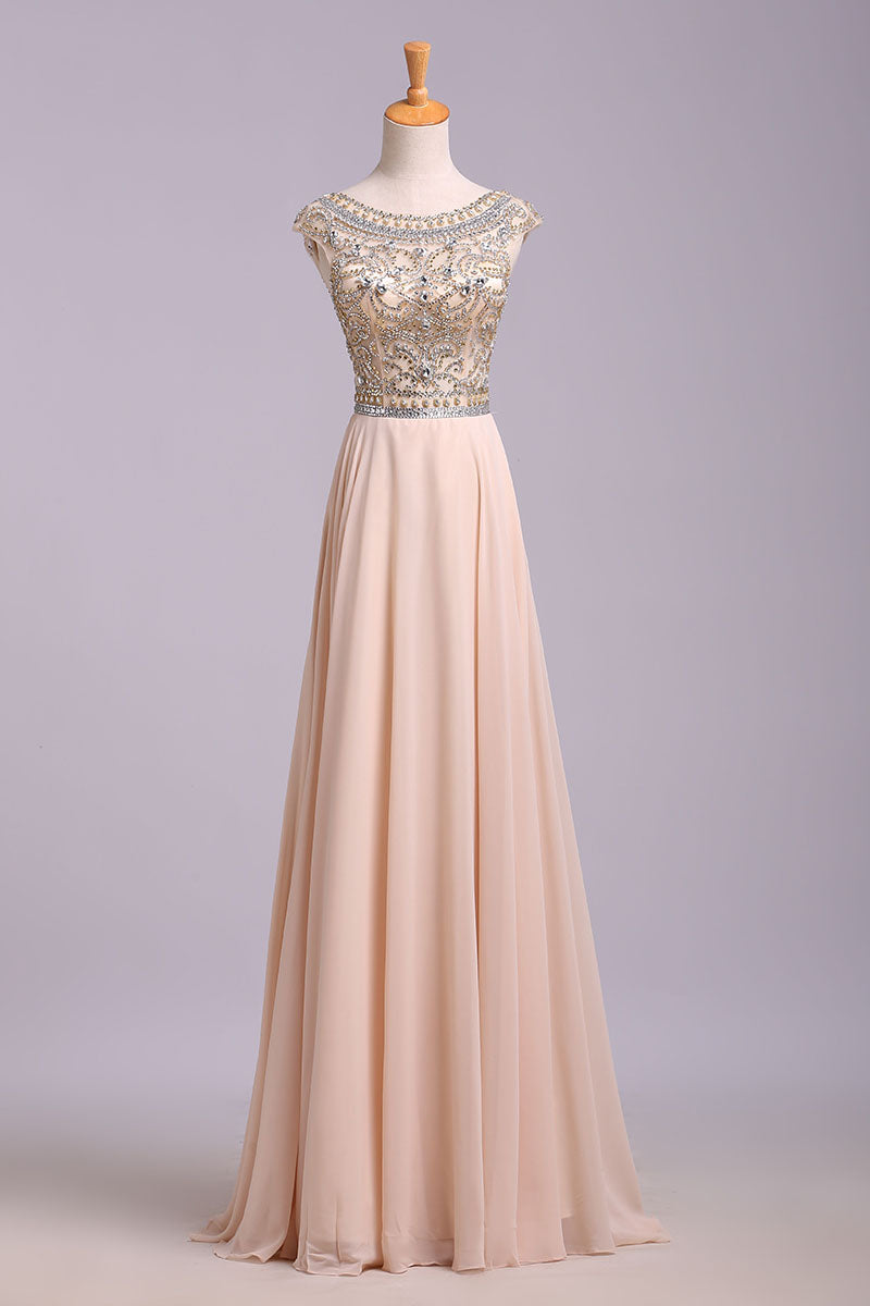 A Line Floor Length Scoop Chiffon Prom Dress, Beading Long Evening Dresses