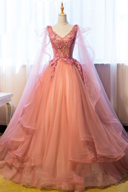 Ball Gown V-Neck Appliques Beading Floor-Length Quinceanera Ball Gown Tulle Prom Dress N1224