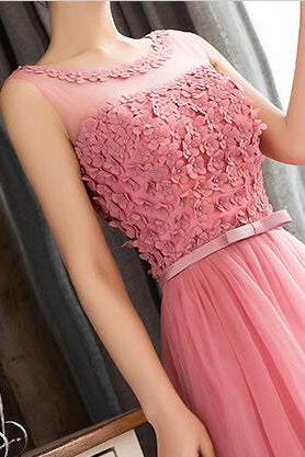 Pink Sleeveless Prom Dresses with Flowers A Line Floor Length Tulle Evening Dresses N1775