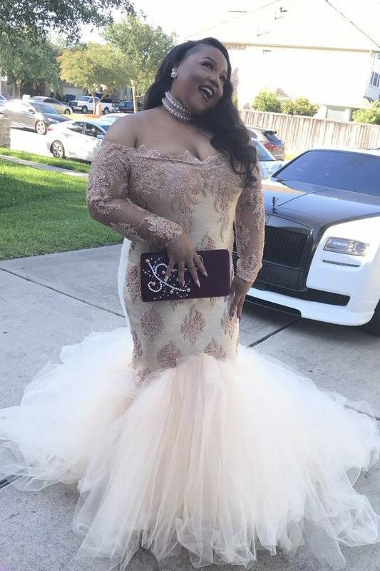 Mermaid Off-the-Shoulder Long Sleeves Applique Court Train Tulle Plus Size Dresses N2226