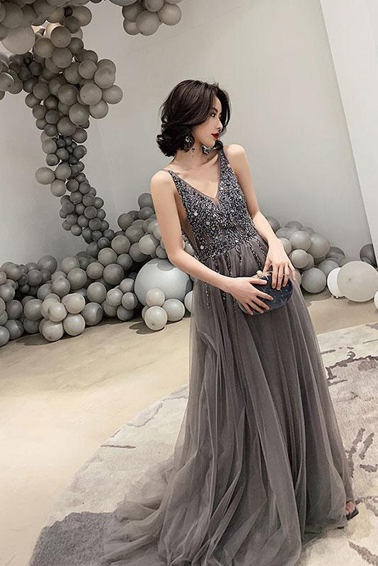 Dark Gray V-Neck Sparkly Beading Tulle Prom Dresses with Sequins