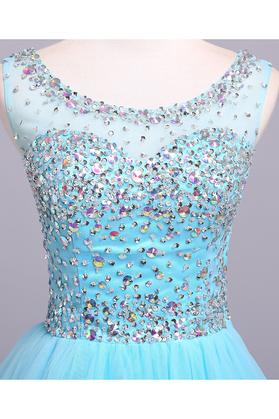 Blue Scoop Sleeveless Tulle Prom Dresses with Sequins Floor Length Puffy Evening Dresses N1196