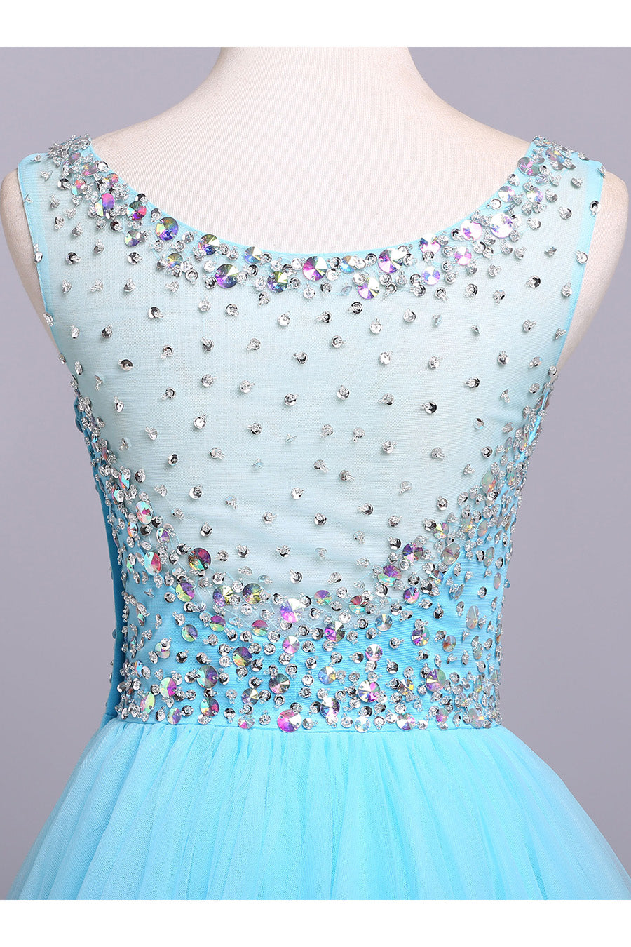 Blue Scoop Sleeveless Tulle Prom Dresses with Sequins Floor Length Puffy Evening Dresses N1196