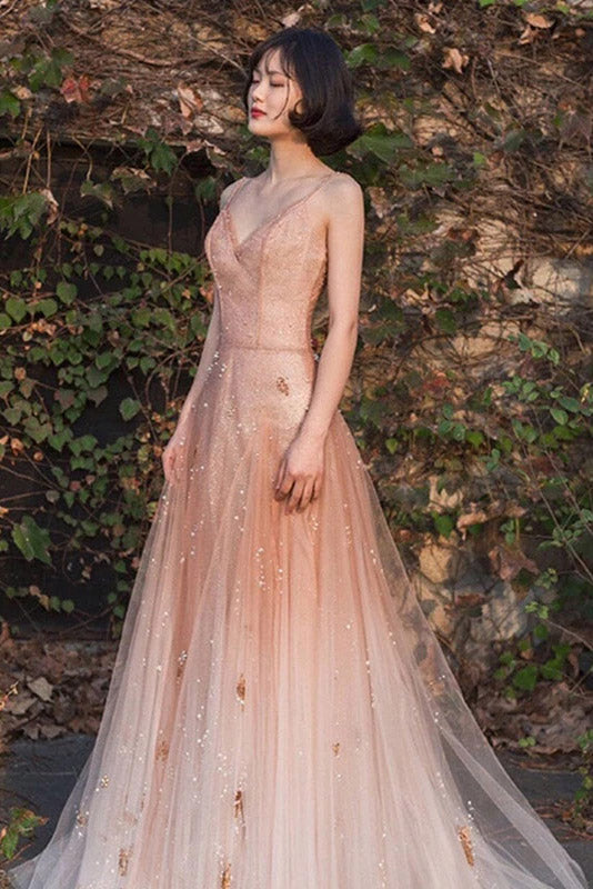 Unique Spaghetti Straps V-Neck Sleeveless Tulle Prom Dress N2090