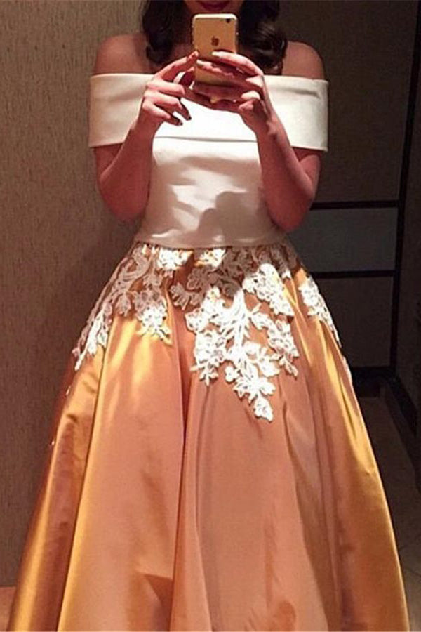 Two Piece Off the Shoulder Prom Dresses Vintage Appliqued Long Formal Dresses N1130