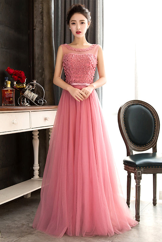 Pink Sleeveless Prom Dresses with Flowers A Line Floor Length Tulle Evening Dresses N1775
