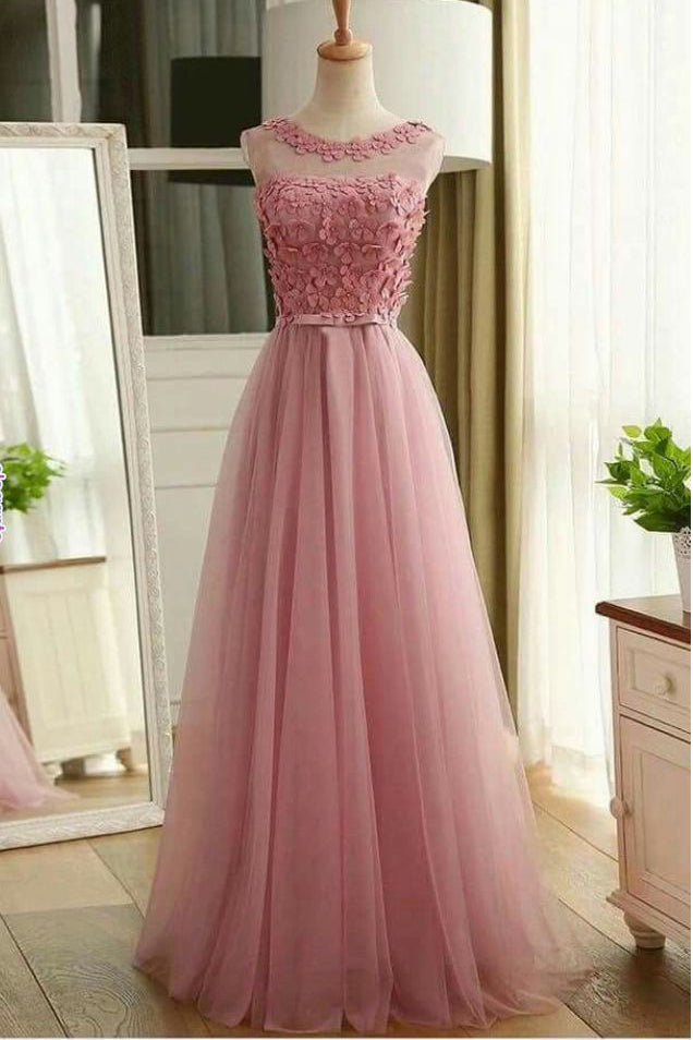Pink Sleeveless Prom Dresses with Flowers A Line Floor Length Tulle Evening Dresses N1775