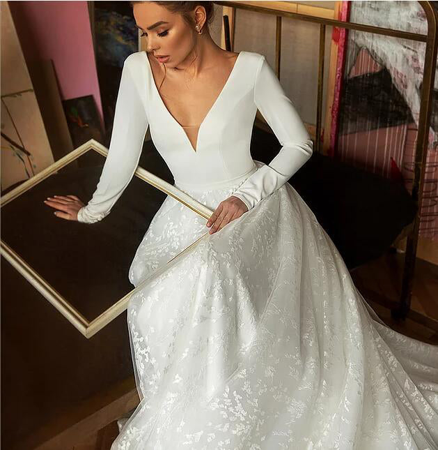 Elegant A Line Long Sleeves V-Neck Wedding Dresses – Simibridaldresses