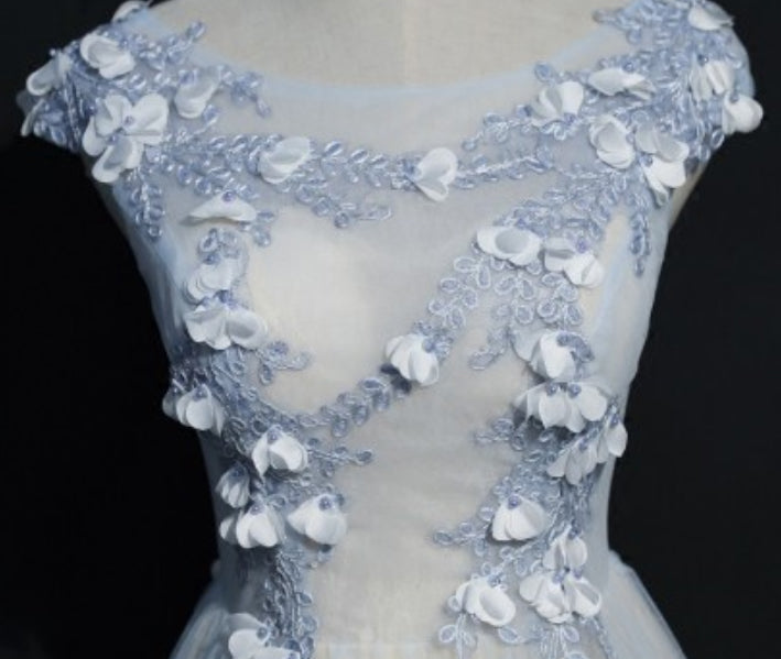 A Line Cap Sleeves Tulle Flower Appliqued Floor Length Prom Dress N1174