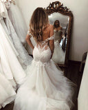 Off the Shoulder Lace Mermaid Wedding Dresses With Long Train