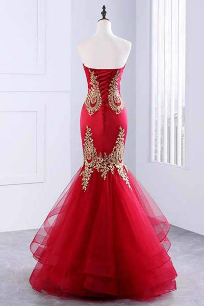 Floor Length Sweetheart Mermaid Red Prom Dresses Gold Appliqued Long Evening Dresses N1233