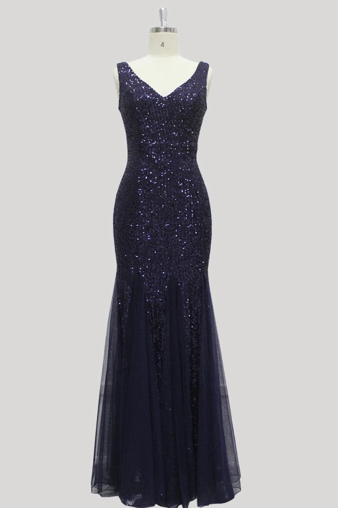 Sexy Burgundy Tulle V-Neck Mermaid Sequin Floor Length Prom Dresses XU90813