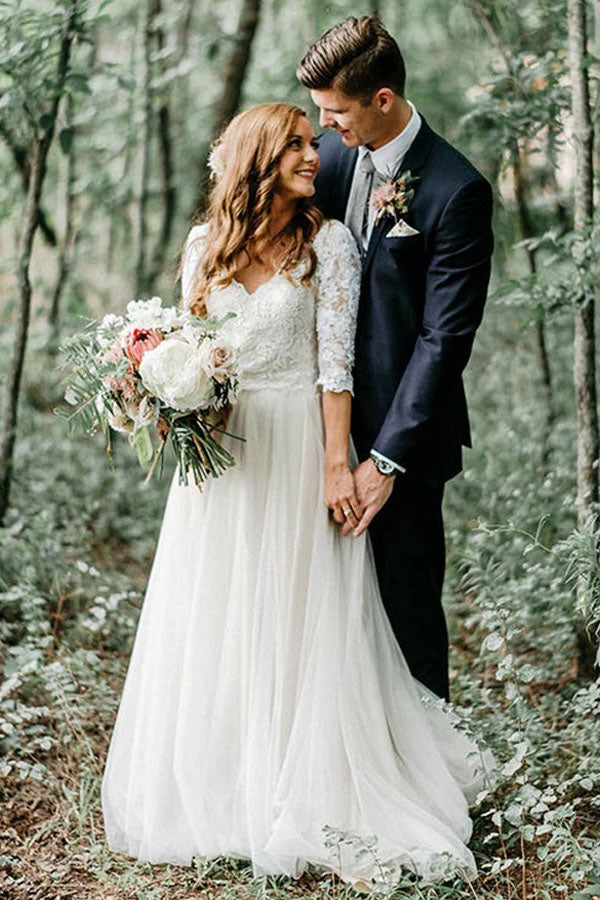 A-Line V-Neck Half Sleeves Backless Tulle Wedding Dress with Lace Appliques N2498