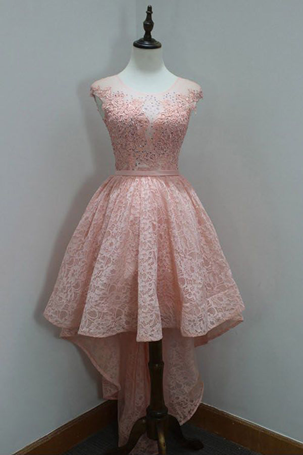 High Low Round Neck Sleeveless Lace Homecoming Dress, A Line Lace Party Dress