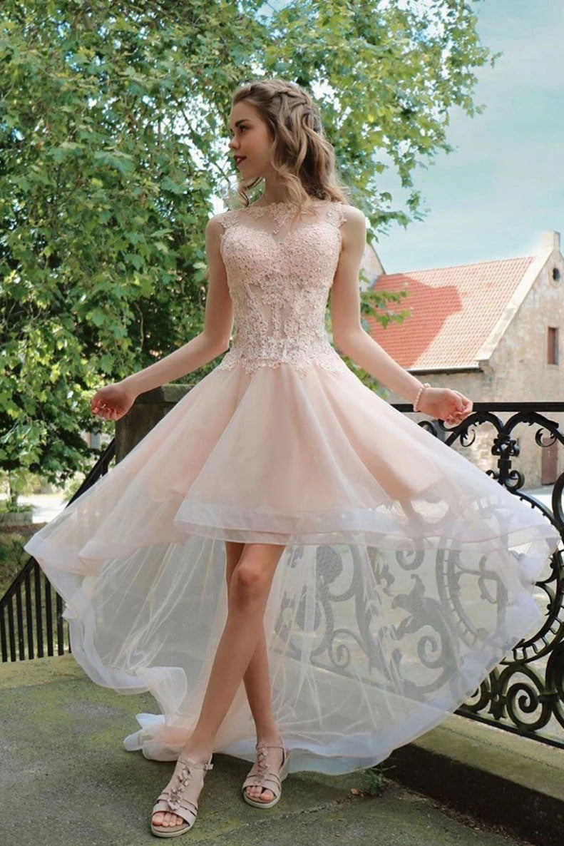 Tulle Dress High Low Lace Prom Dress Light Pink High Low