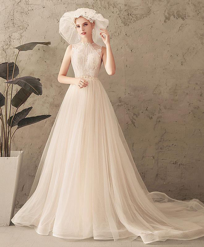 Ivory Jewel Sleeveless Tulle Wedding Dresses with Lace A Line Pleats Open Back Bridal Dresses N2583