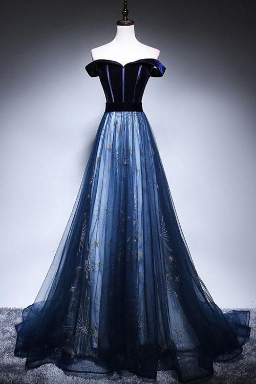 Dark Blue Velvet Tulle Long Prom Dresses Elegant Off the Shoulder