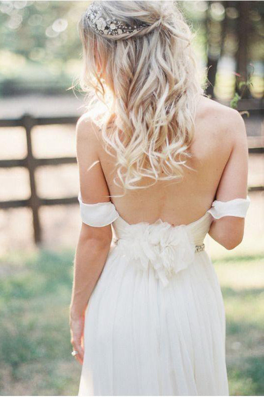 Ivory Off the Shoulder Beach Wedding Dresses with Beading Waist