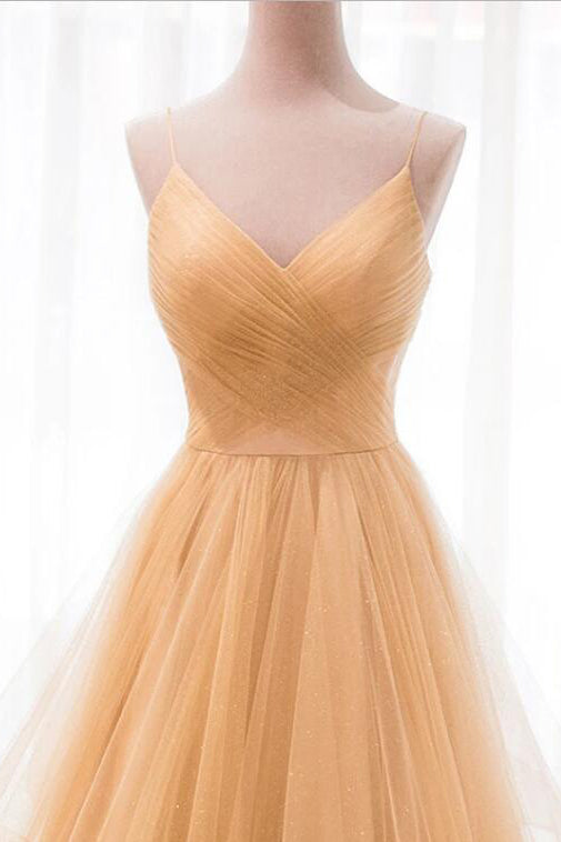 Spaghetti Straps V-Neck Sparky Long Prom Dresses Backless Pleated Tulle Party Dresses N2587